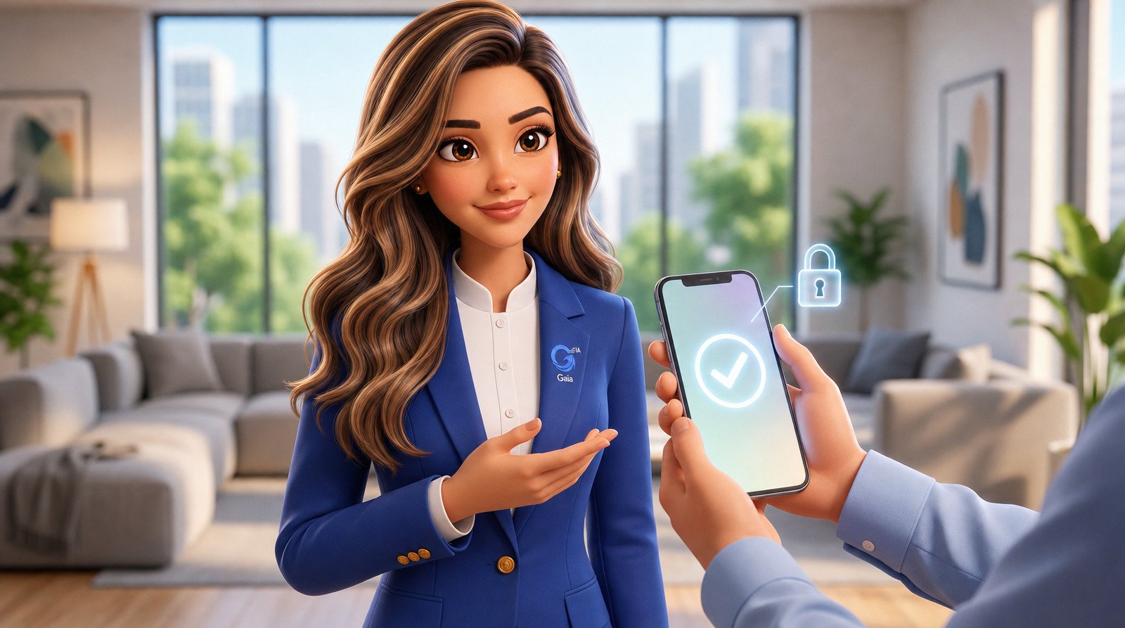 A Gaia, gestora de IA da Gerando Impulso, ao lado de um celular com um sinal de aprovado e um cadeado